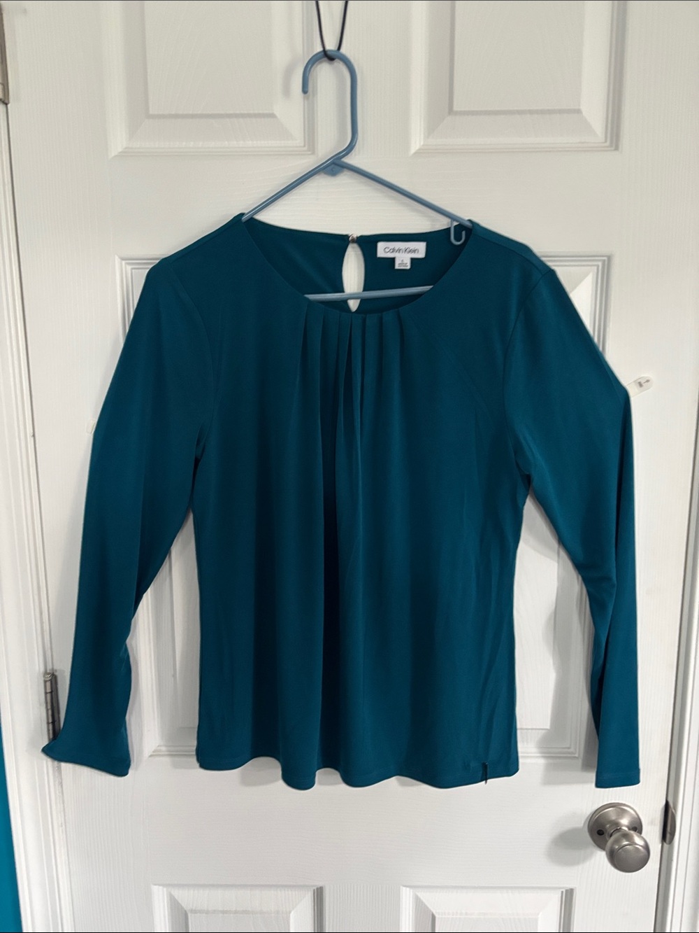 Calvin Klein Teal Pleated Long-Sleeve Blouse